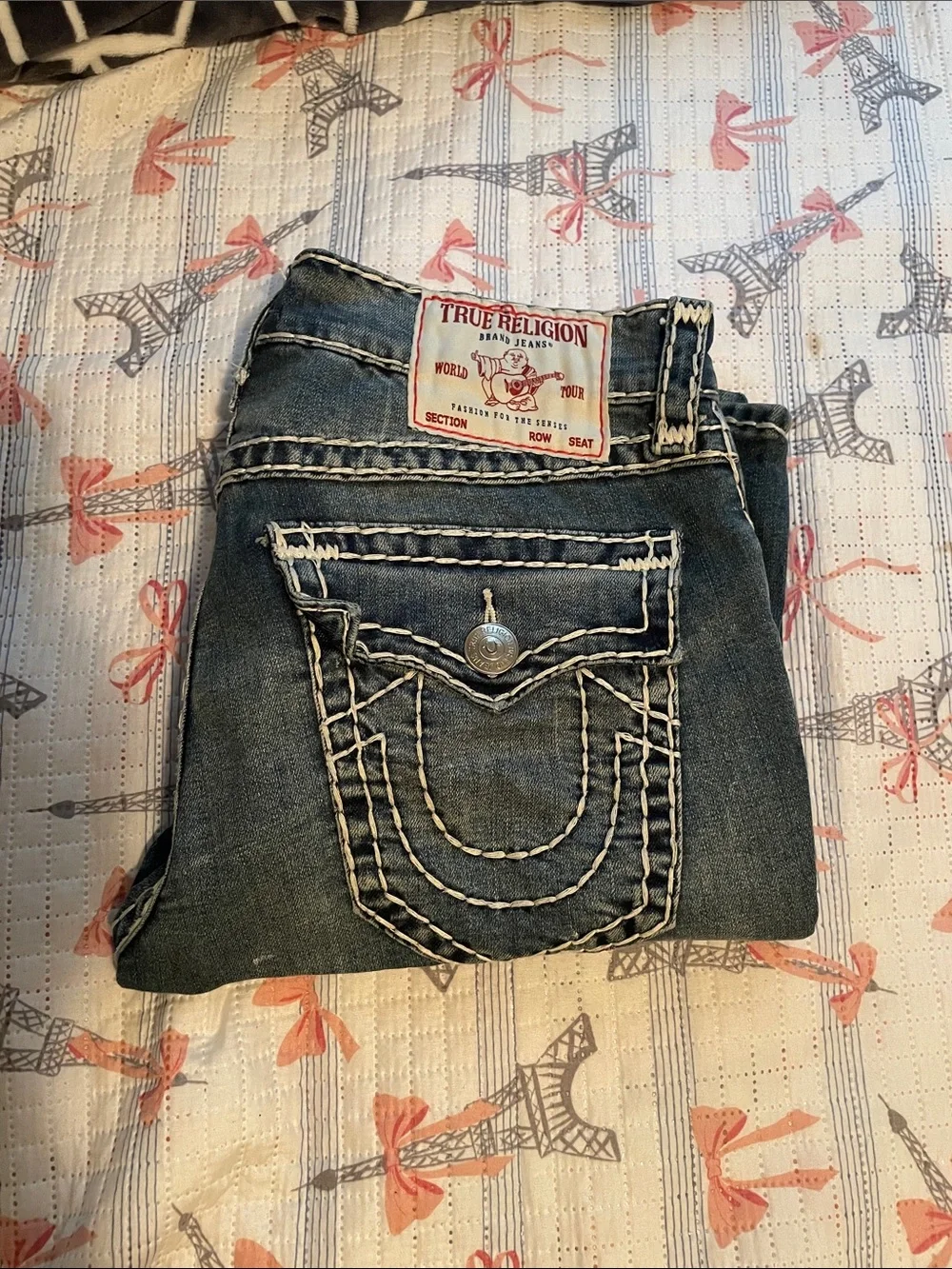 True Religion Dark Wash Boot Cut Jeans with Contrast Stitching